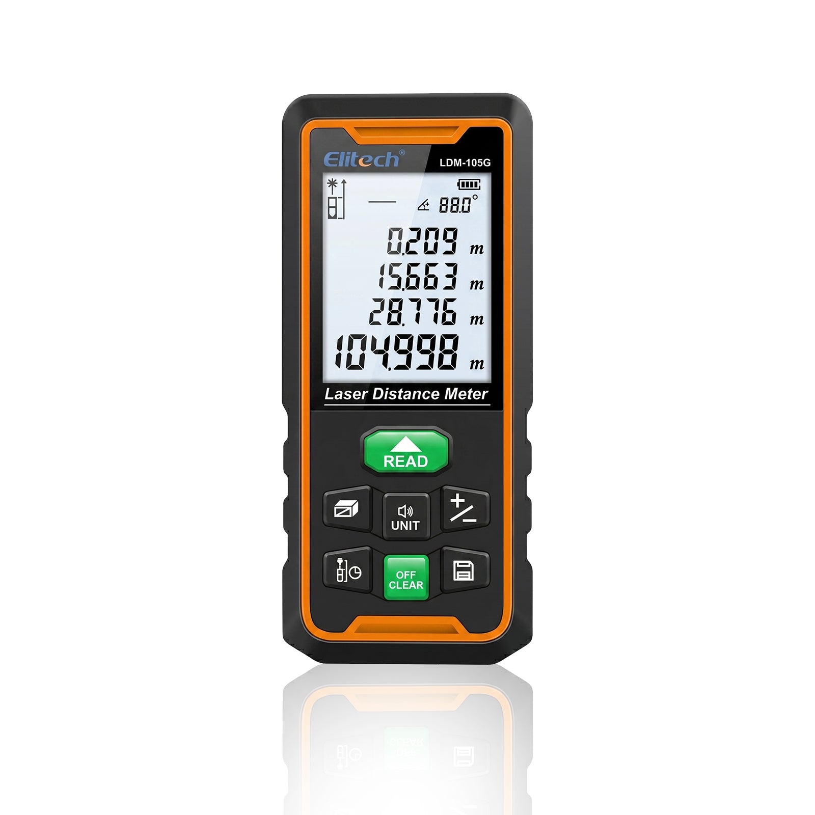 Elitech LDM-105G 105m Laser Measure, Digital Laser Distance Meter with Built-in Angle Sensor, Full Pythagoras Mode, Dual Power Supply (AAA/Li-ion) Measuring Tool with 99 Groups Memory & Painter Function