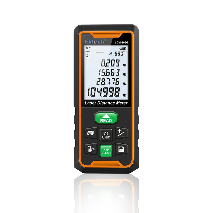 Elitech LDM-105G 105m Laser Measure, Digital Laser Distance Meter with Built-in Angle Sensor, Full Pythagoras Mode, Dual Power Supply (AAA/Li-ion) Measuring Tool with 99 Groups Memory & Painter Function