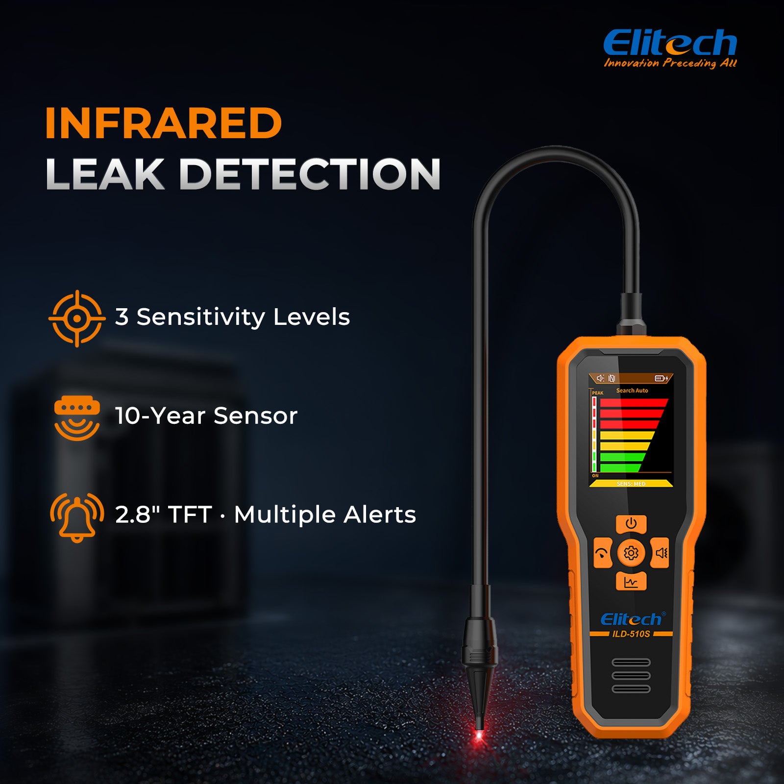 Elitech ILD-510S Infrared Refrigerant Leak Detector, 3 Sensitivity Levels 3/7/14 g/yr, 10-Year Sensor, 2.8-Inch TFT Display, Audible Vibration Visual Alerts for HVAC AC Automotive CFC HCFC HFC HFO