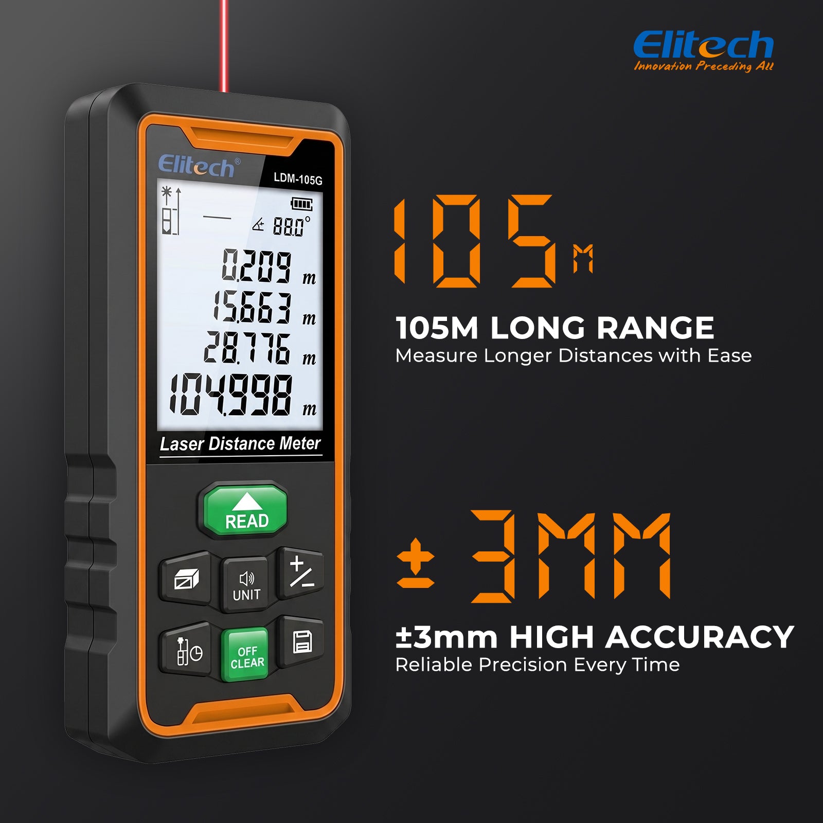 Elitech LDM-105G 105m Laser Measure, Digital Laser Distance Meter with Built-in Angle Sensor, Full Pythagoras Mode, Dual Power Supply (AAA/Li-ion) Measuring Tool with 99 Groups Memory & Painter Function