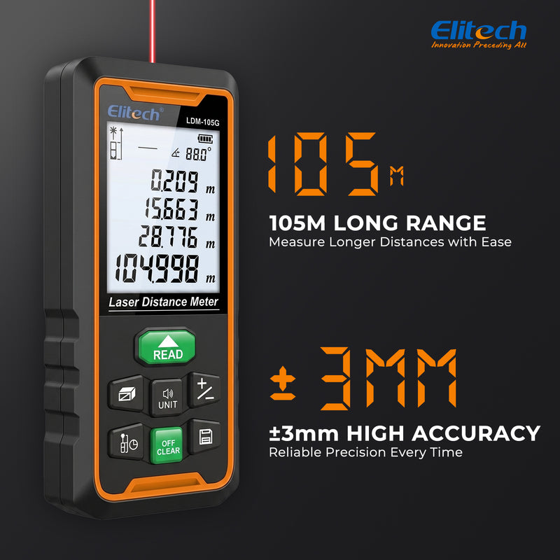 Elitech LDM-105G 105m Laser Measure, Digital Laser Distance Meter with Built-in Angle Sensor, Full Pythagoras Mode, Dual Power Supply (AAA/Li-ion) Measuring Tool with 99 Groups Memory & Painter Function