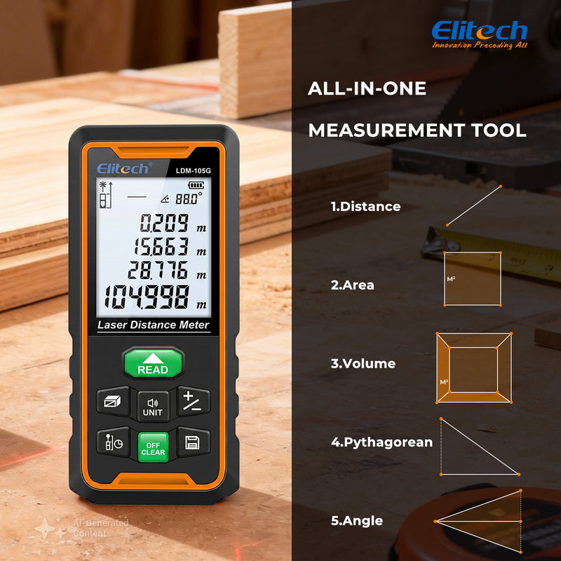 Elitech LDM-105G 105m Laser Measure, Digital Laser Distance Meter with Built-in Angle Sensor, Full Pythagoras Mode, Dual Power Supply (AAA/Li-ion) Measuring Tool with 99 Groups Memory & Painter Function