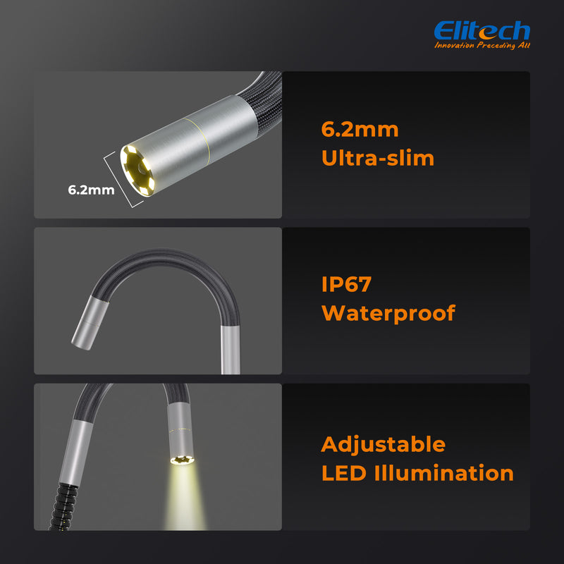 Elitech ELS-240 Articulating Borescope Inspection Camera, Two-Way 180° Steering Endoscope with 4.3" IPS Screen, 6.2mm IP67 Waterproof Probe, 720P HD Industrial Scope for Automotive Mechanics - 1m