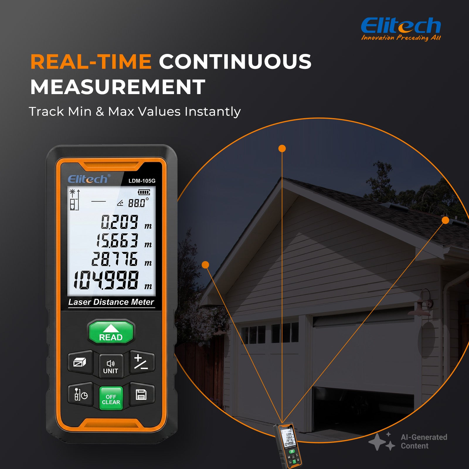 Elitech LDM-105G 105m Laser Measure, Digital Laser Distance Meter with Built-in Angle Sensor, Full Pythagoras Mode, Dual Power Supply (AAA/Li-ion) Measuring Tool with 99 Groups Memory & Painter Function