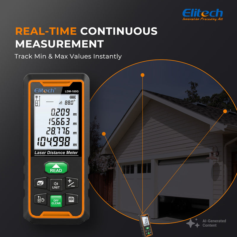 Elitech LDM-105G 105m Laser Measure, Digital Laser Distance Meter with Built-in Angle Sensor, Full Pythagoras Mode, Dual Power Supply (AAA/Li-ion) Measuring Tool with 99 Groups Memory & Painter Function