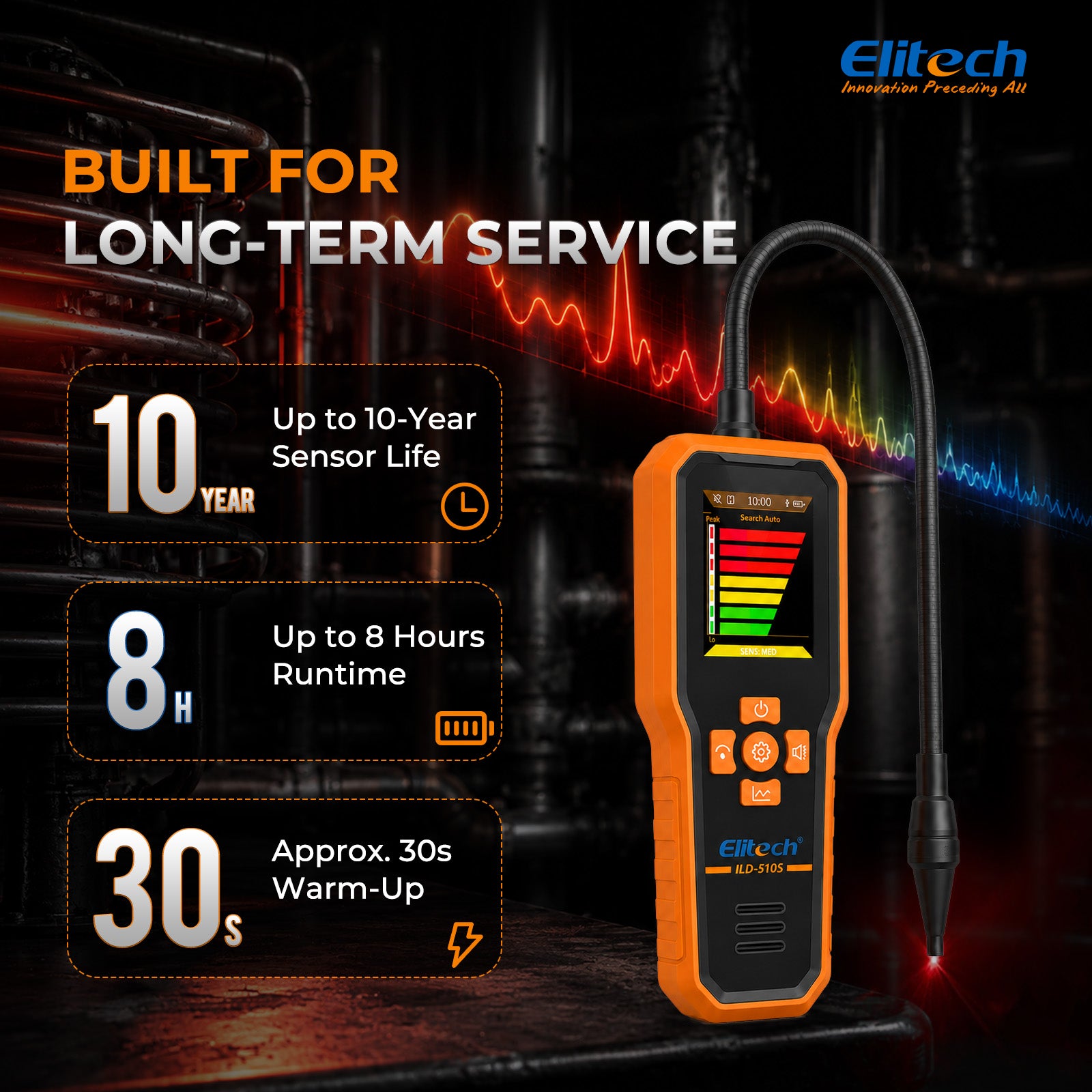 Elitech ILD-510S Infrared Refrigerant Leak Detector, 3 Sensitivity Levels 3/7/14 g/yr, 10-Year Sensor, 2.8-Inch TFT Display, Audible Vibration Visual Alerts for HVAC AC Automotive CFC HCFC HFC HFO
