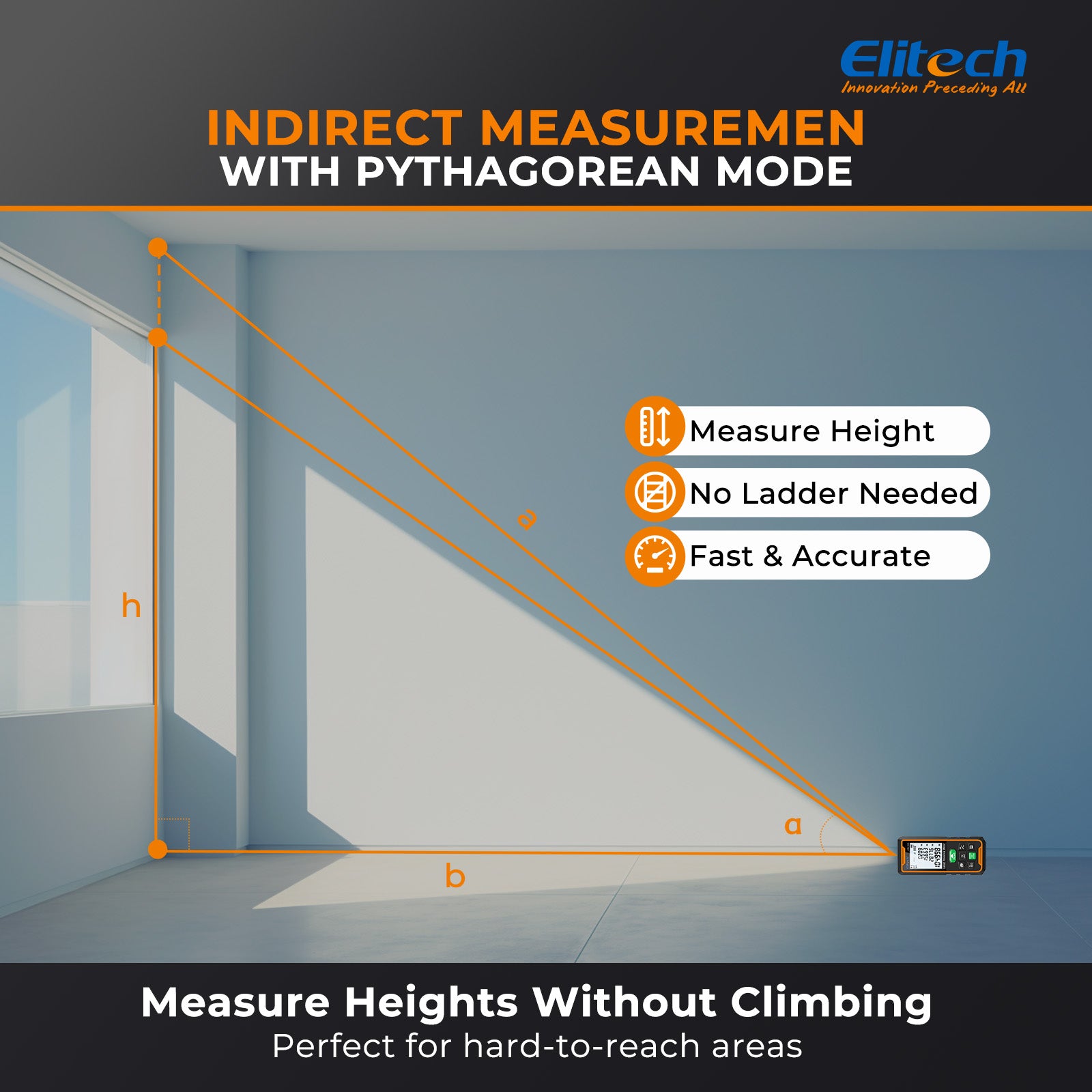 Elitech LDM-105G 105m Laser Measure, Digital Laser Distance Meter with Built-in Angle Sensor, Full Pythagoras Mode, Dual Power Supply (AAA/Li-ion) Measuring Tool with 99 Groups Memory & Painter Function