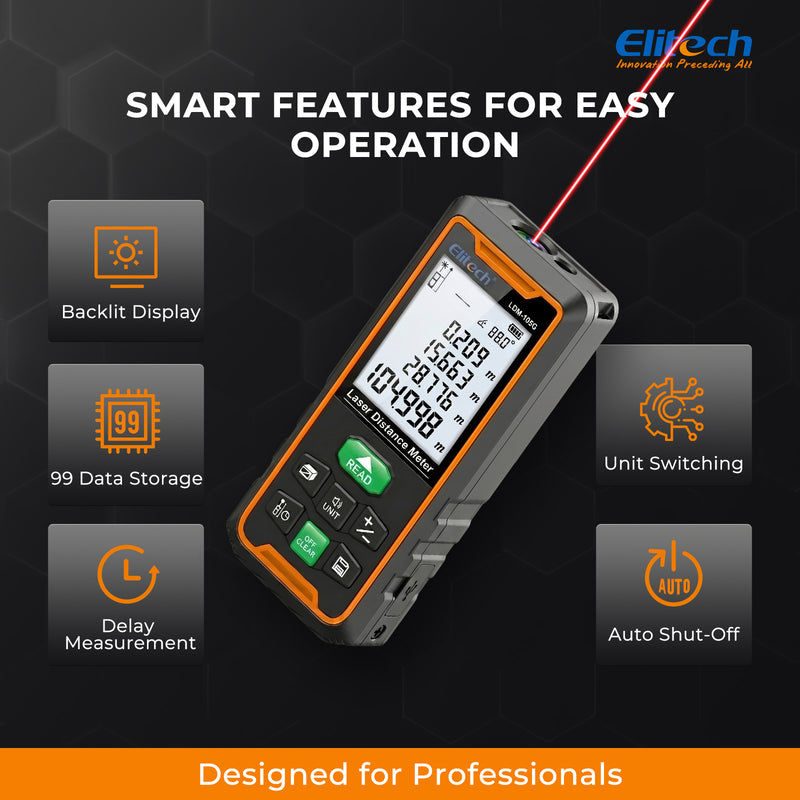 Elitech LDM-105G 105m Laser Measure, Digital Laser Distance Meter with Built-in Angle Sensor, Full Pythagoras Mode, Dual Power Supply (AAA/Li-ion) Measuring Tool with 99 Groups Memory & Painter Function