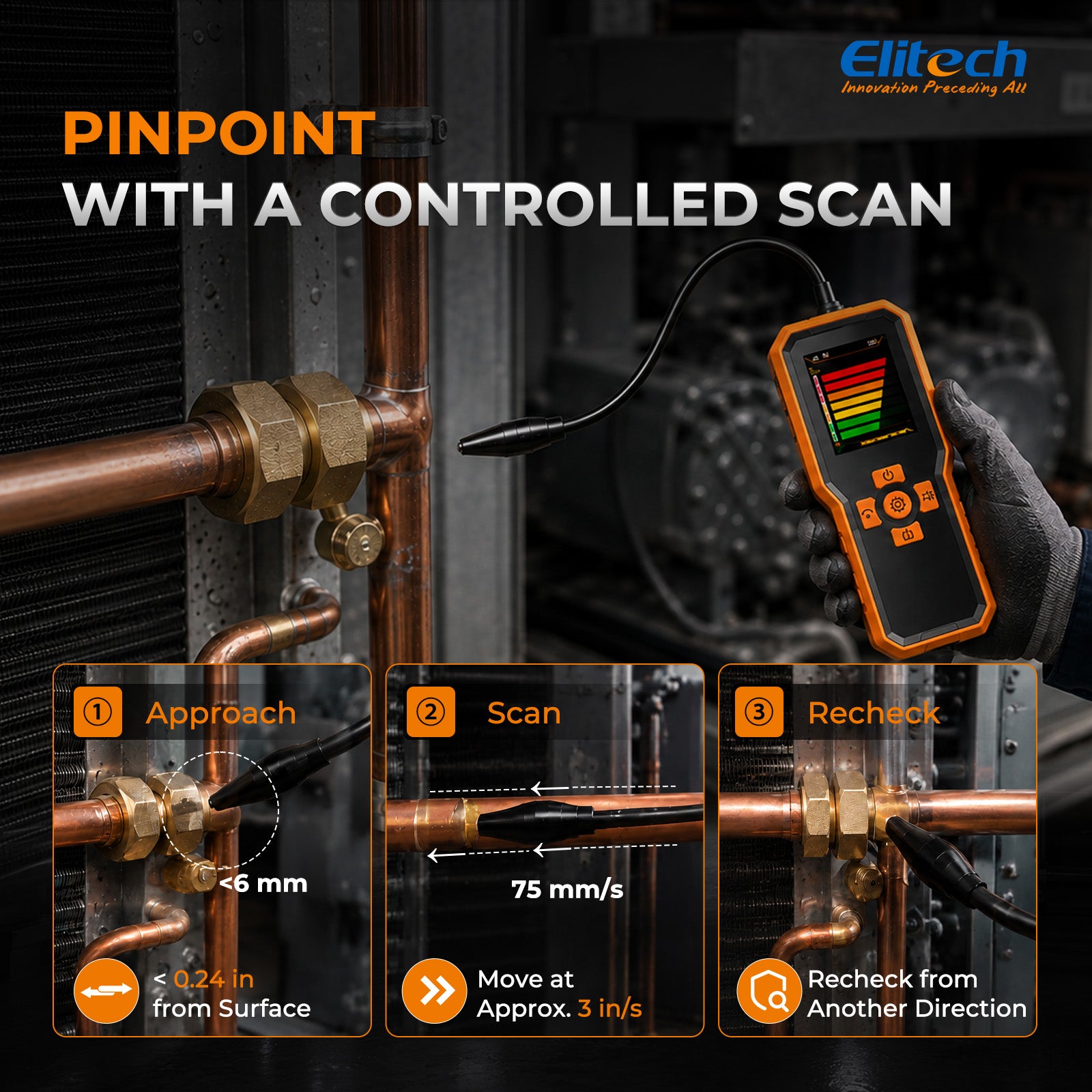 Elitech ILD-510S Infrared Refrigerant Leak Detector, 3 Sensitivity Levels 3/7/14 g/yr, 10-Year Sensor, 2.8-Inch TFT Display, Audible Vibration Visual Alerts for HVAC AC Automotive CFC HCFC HFC HFO