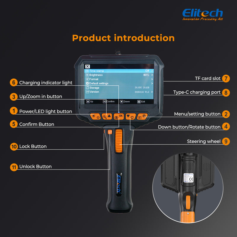 Elitech ELS-240 Articulating Borescope Inspection Camera, Two-Way 180° Steering Endoscope with 4.3" IPS Screen, 6.2mm IP67 Waterproof Probe, 720P HD Industrial Scope for Automotive Mechanics - 1m