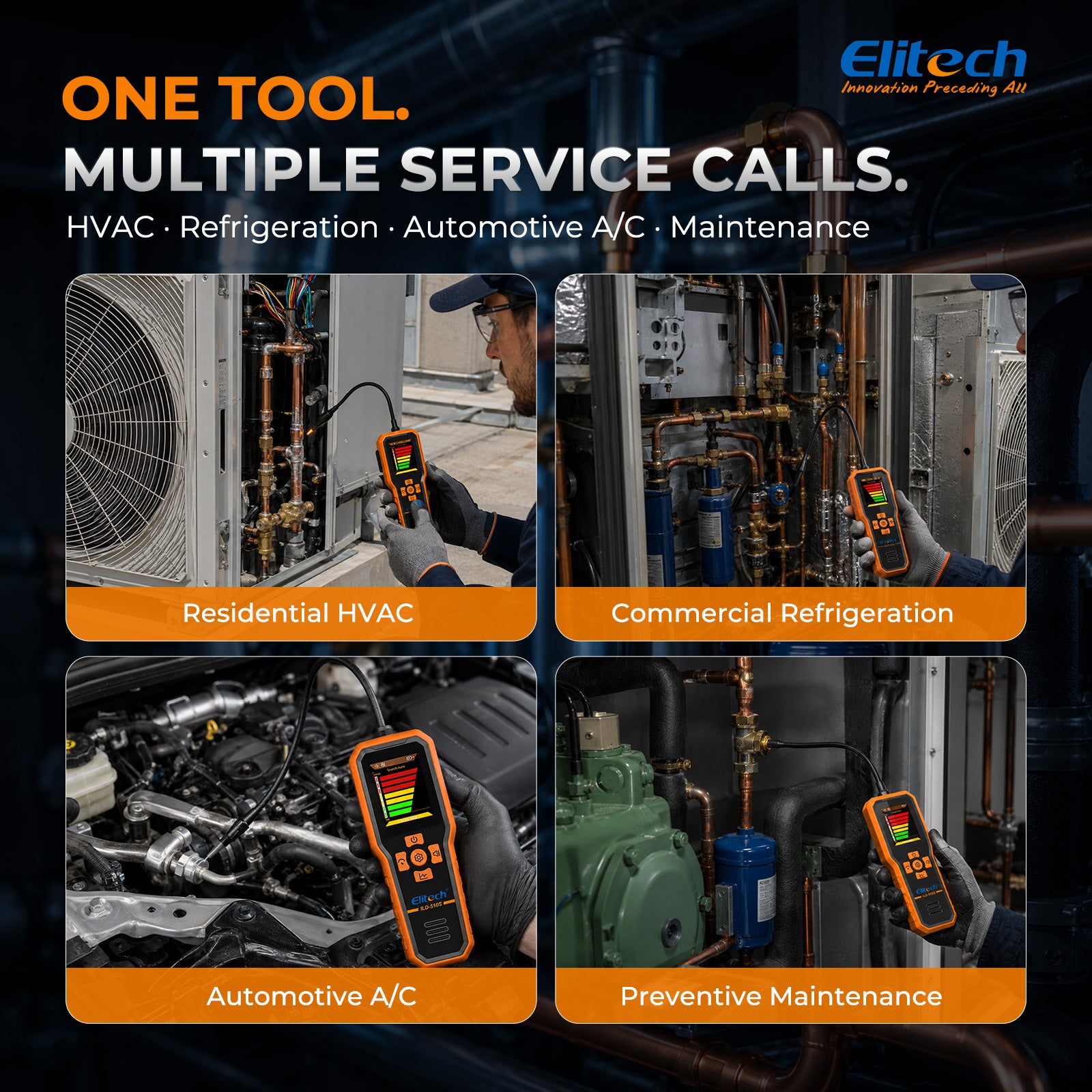 Elitech ILD-510S Infrared Refrigerant Leak Detector, 3 Sensitivity Levels 3/7/14 g/yr, 10-Year Sensor, 2.8-Inch TFT Display, Audible Vibration Visual Alerts for HVAC AC Automotive CFC HCFC HFC HFO