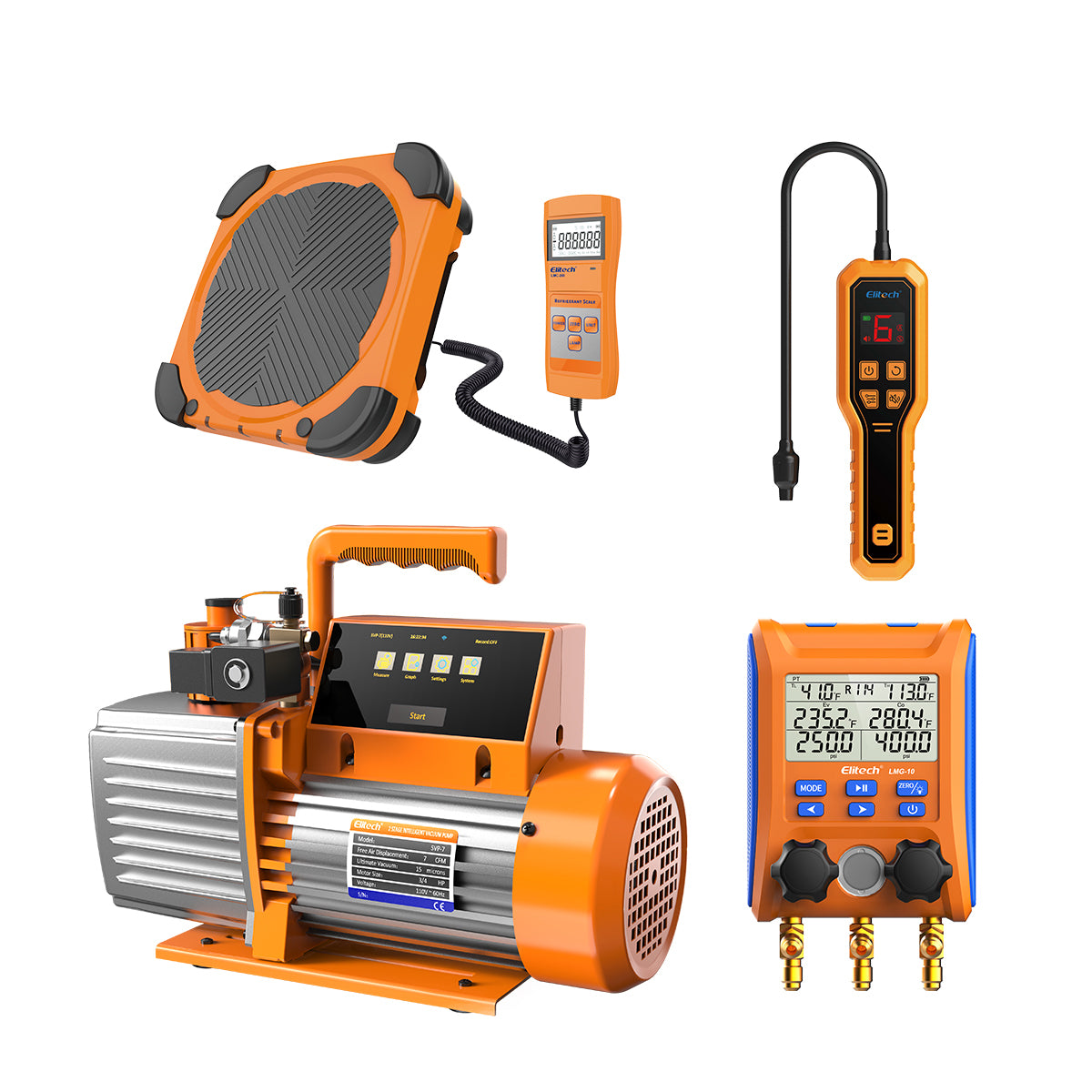 Elitech Basic Solution Pack - ELD-210 Heated Diode Portable Semiconductor Refrigerant Leak Detector+ LMC-200 Refrigerant Charging Scale+LMG-10 Digital Manifold Gauge+SVP-7 Intelligent HVAC Vacuum Pump