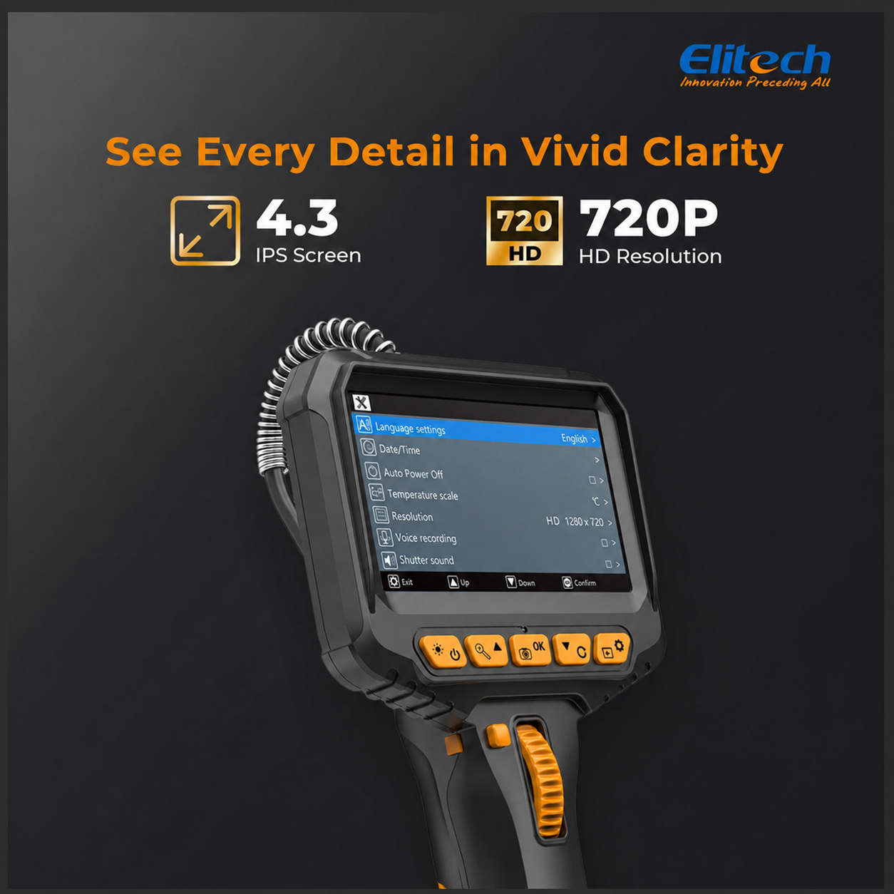 Elitech ELS-240 Articulating Borescope Inspection Camera, Two-Way 180° Steering Endoscope with 4.3
