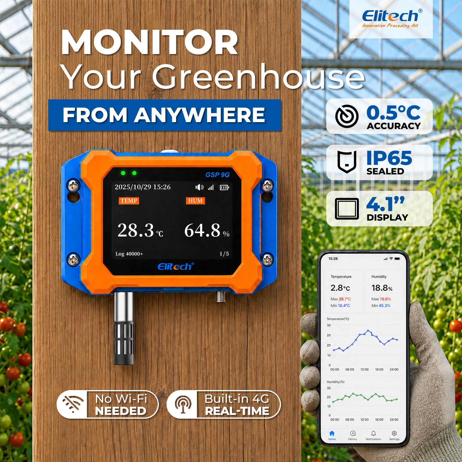 Elitech GSP-9G 4G Cellular Temperature Humidity Monitor, No WiFi Required, Power Failure Alarm, ±0.9°F Accuracy, IP65 Waterproof, 4.1