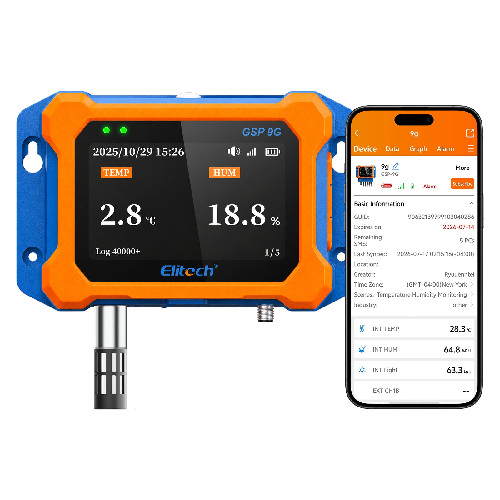 Elitech GSP-9G 4G Cellular Temperature Humidity Monitor, No WiFi Required, Power Failure Alarm, ±0.9°F Accuracy, IP65 Waterproof, 4.1