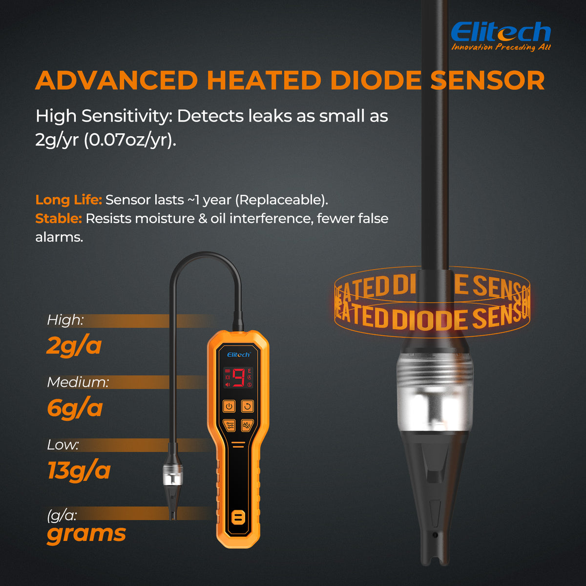 Elitech ELD-270 Heated Diode Refrigerant Leak Detector, HVAC Freon Sniffer with Digital Display & Vibration Alarm, High Sensitivity (2g/yr) for R410A R134a R1234yf R290 CFCs HCFCs HFCs