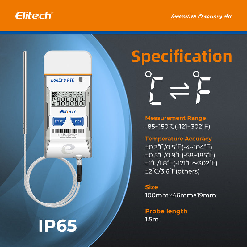 Elitech USB Temperature Data Logger Reusable Temperature Recorder Refrigerator Thermometer High Accuracy External Temperature Sensor, Auto PDF Report USB Port 32000 Points LogEt 8 PTE, -85～150℃