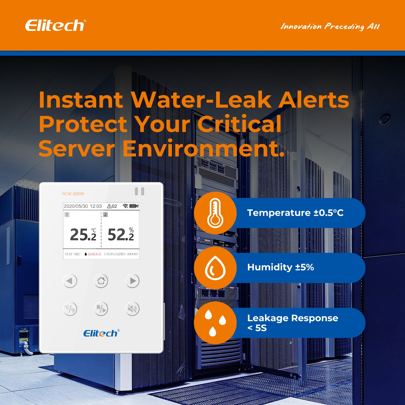 Elitech WiFi Real-time Temperature Humidity Data Logger Water Leak Detector, SMS/Email/APP Alert, Cloud Data Storage, 10M Patch Cord, RCW-800W-WI(-40~176℉, : 0~100%RH)
