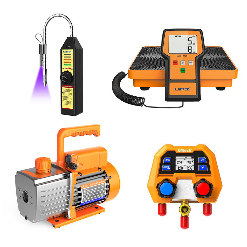 Elitech Solution Pack - Elitech NVP-3 HVAC Vacuum Pump+Digital Manifold Gauge for HVAC DMG-2SE Kit +WJL-6000S Refrigerant Leak Detector+Refrigerant Charging Scale LMC-100F+