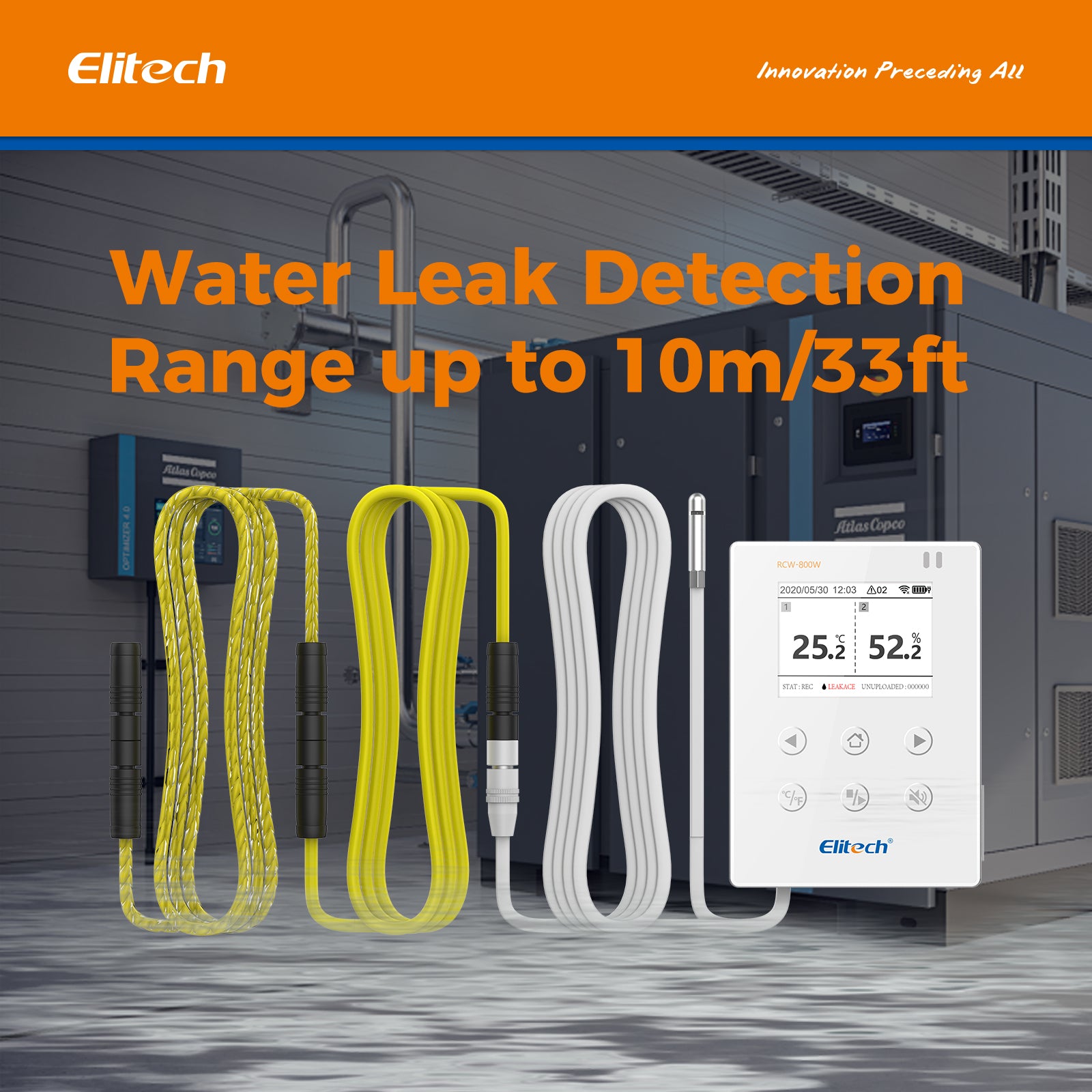Elitech WiFi Real-time Temperature Humidity Data Logger Water Leak Detector, SMS/Email/APP Alert, Cloud Data Storage, 10M Patch Cord, RCW-800W-WI(-40~176℉, : 0~100%RH)