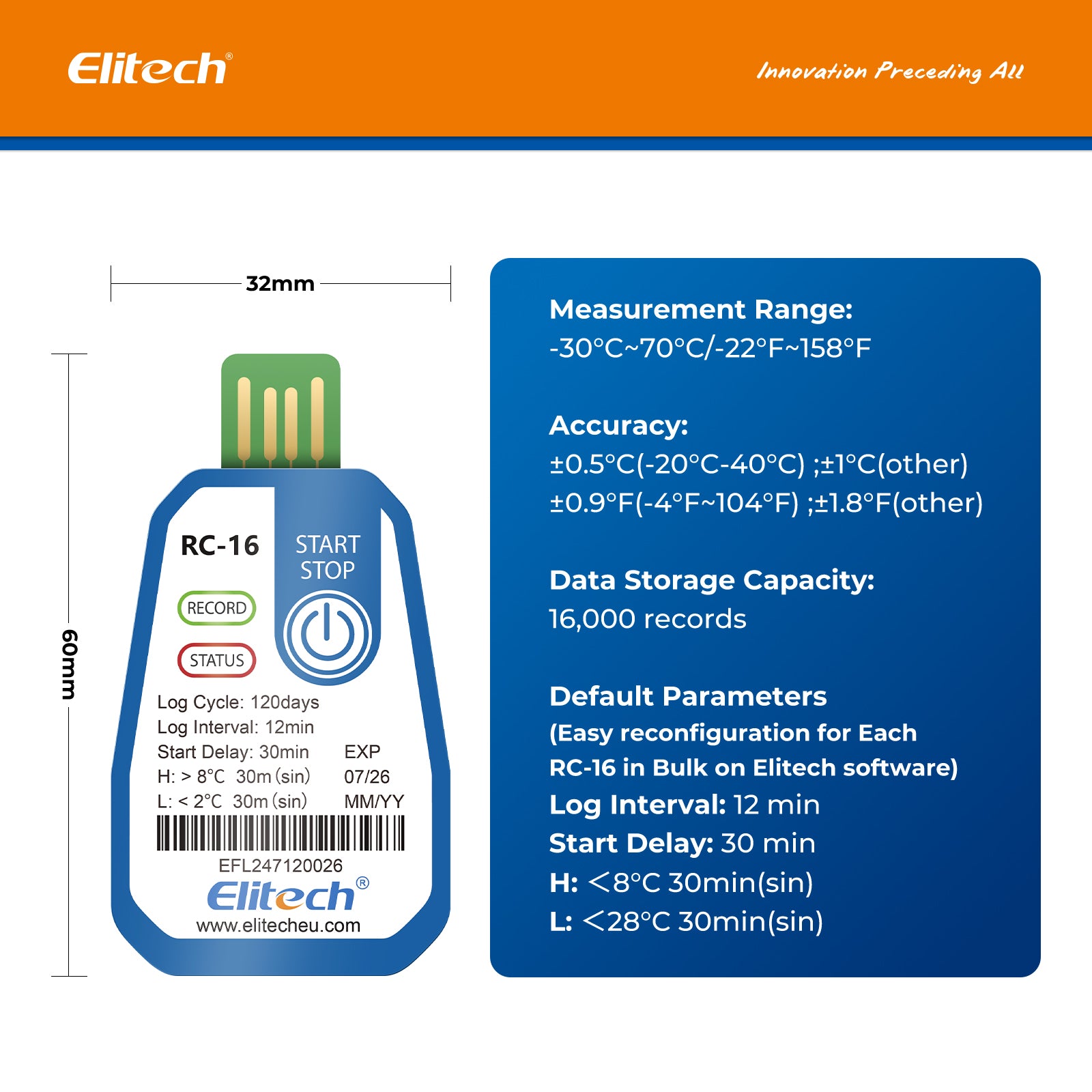Elitech RC-17 Enregistreur de température jetable à usage unique Enregistreur de données Rapport USB PDF Indicateur bicolore