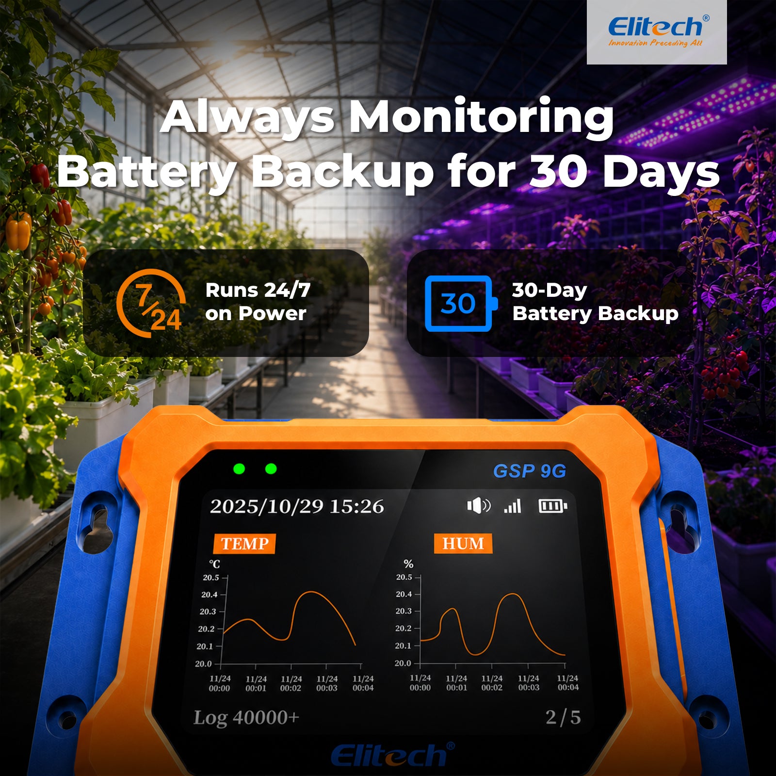 Elitech GSP-9G 4G Cellular Temperature Humidity Monitor, No WiFi Required, Power Failure Alarm, ±0.9°F Accuracy, IP65 Waterproof, 4.1