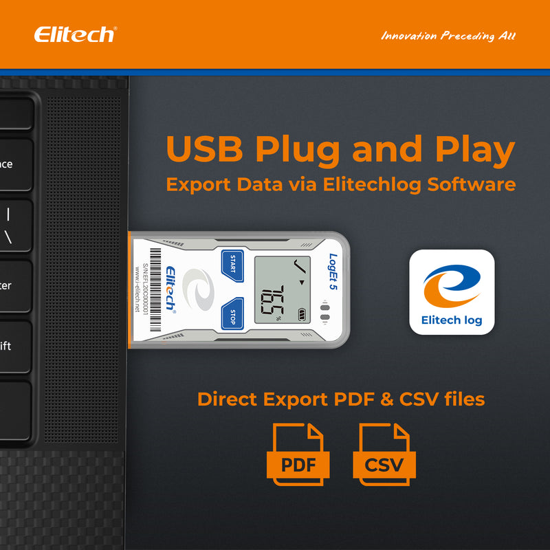Elitech USB Digital Data Logger with Temperature Humidity External Probe Reusable Recorder with Shadow Data 32000 Points, Auto PDF/CSV Report, for Windows/MacOS, Refrigerator Thermometer LogEt5THE