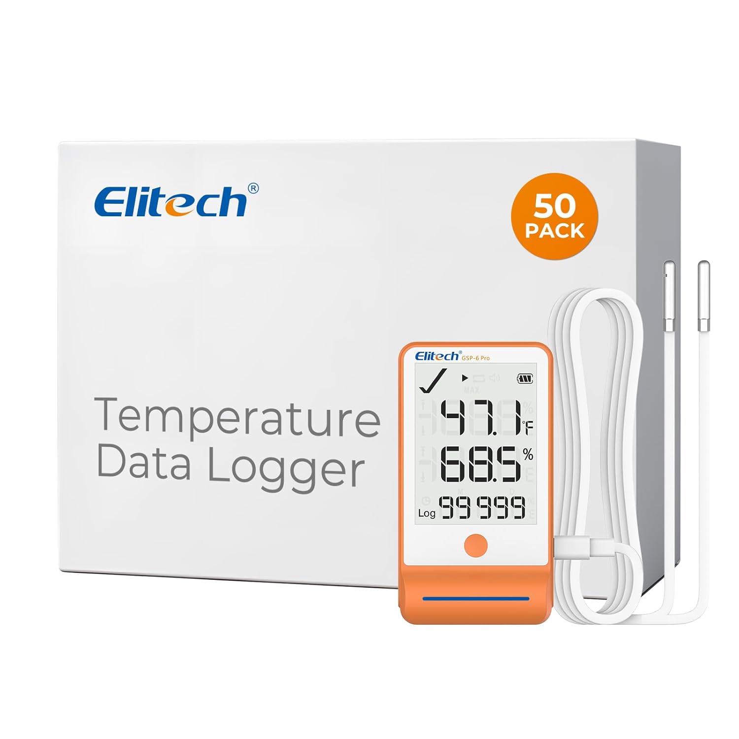 Elitech GSP-6 Enregistreur numérique de données de température et d'humidité Deux sondes détachables -40℉ à 158℉ Précision maximale jusqu'à ±0,6℉ Certificat d'étalonnage d'alarme audio Affichage de la valeur max/min