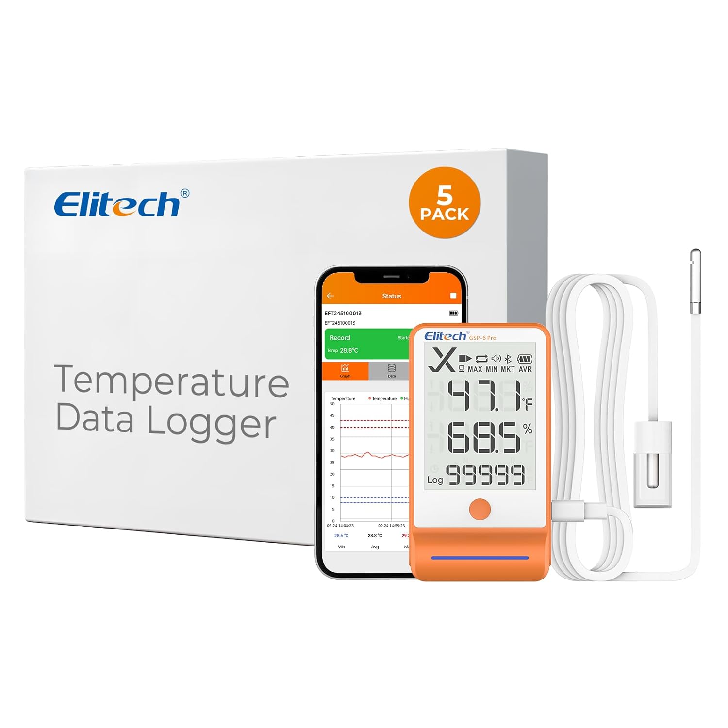 Elitech Bluetooth Thermometer Data Logger Temperature with Shadow Data 100000 Points Data Storage Export, Pharmacy Vaccine DDL Calibration Certificate, MAX MIN AVR MKT GSP-6Pro-GLE/THE