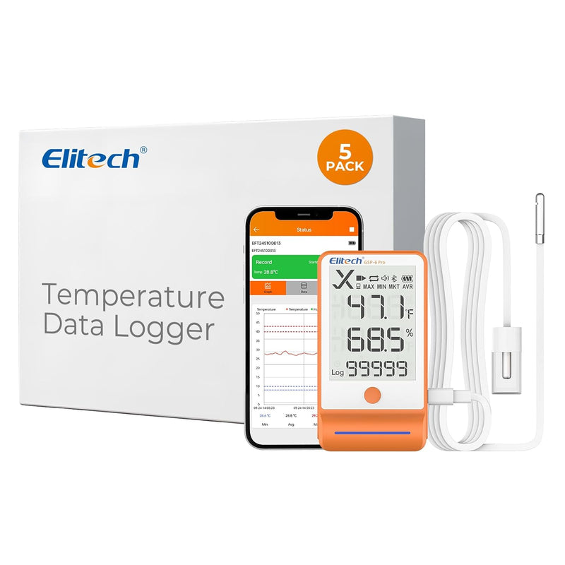 Elitech Bluetooth Thermometer Data Logger Temperature with Shadow Data 100000 Points Data Storage Export, Pharmacy Vaccine DDL Calibration Certificate, MAX MIN AVR MKT GSP-6Pro-GLE/THE