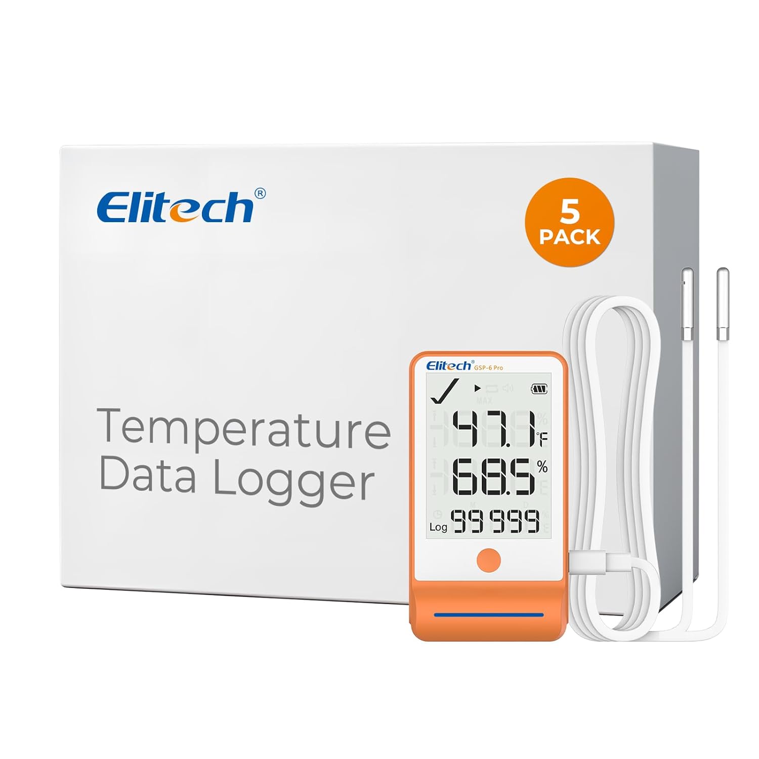 Elitech GSP-6 Enregistreur numérique de données de température et d'humidité Deux sondes détachables -40℉ à 158℉ Précision maximale jusqu'à ±0,6℉ Certificat d'étalonnage d'alarme audio Affichage de la valeur max/min
