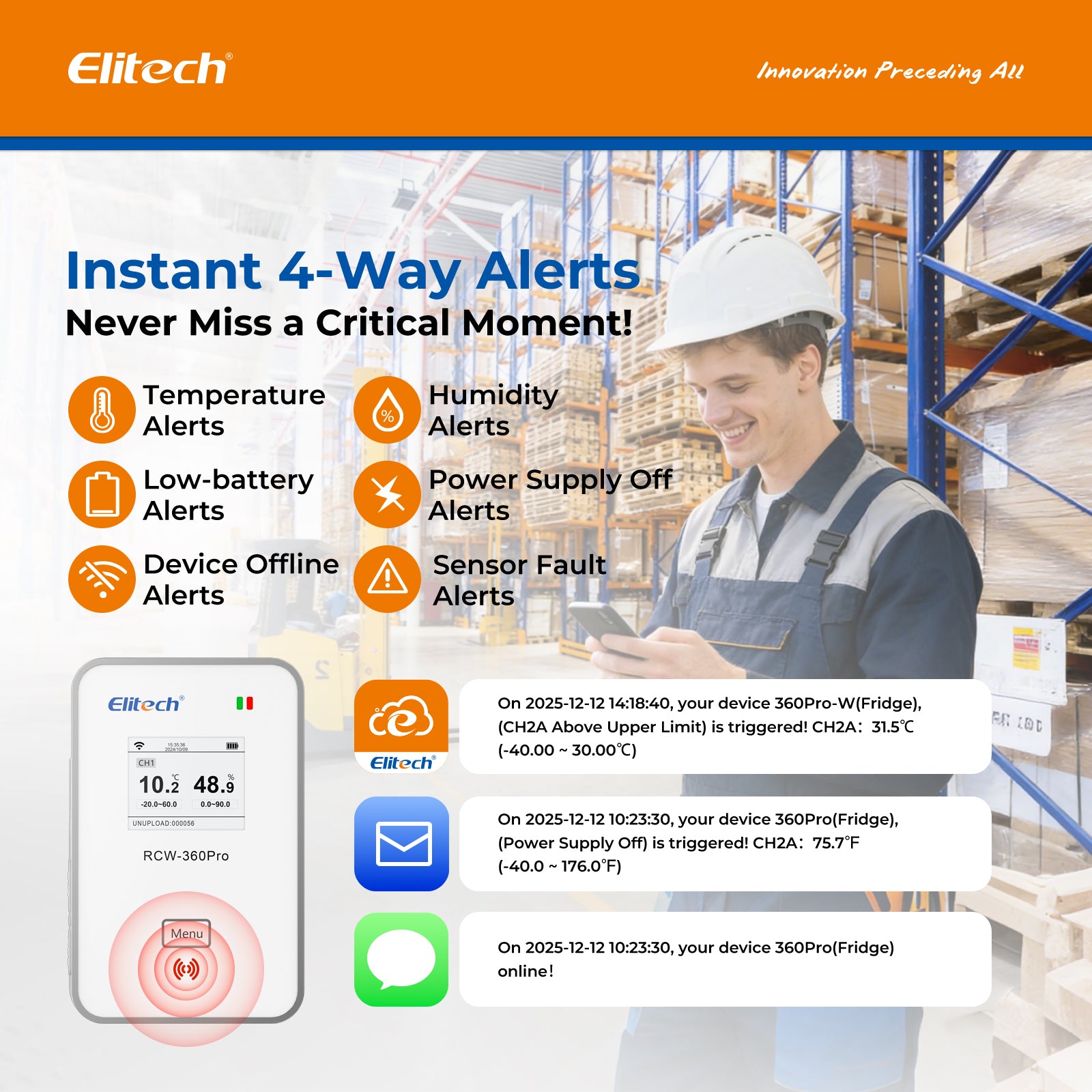 Enregistreur de données d'humidité de température Elitech RCW-360 Plus 4G avec alarme d'application SMS par e-mail de sonde externe