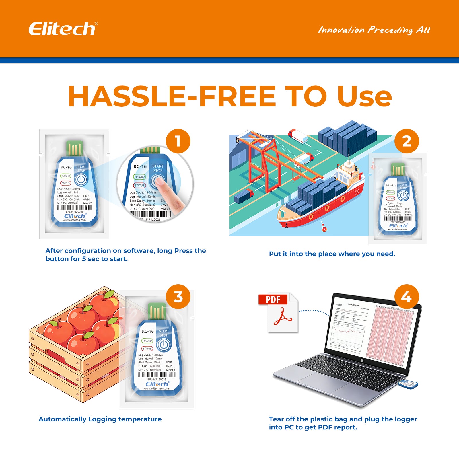 Elitech RC-17 Enregistreur de température jetable à usage unique Enregistreur de données Rapport USB PDF Indicateur bicolore