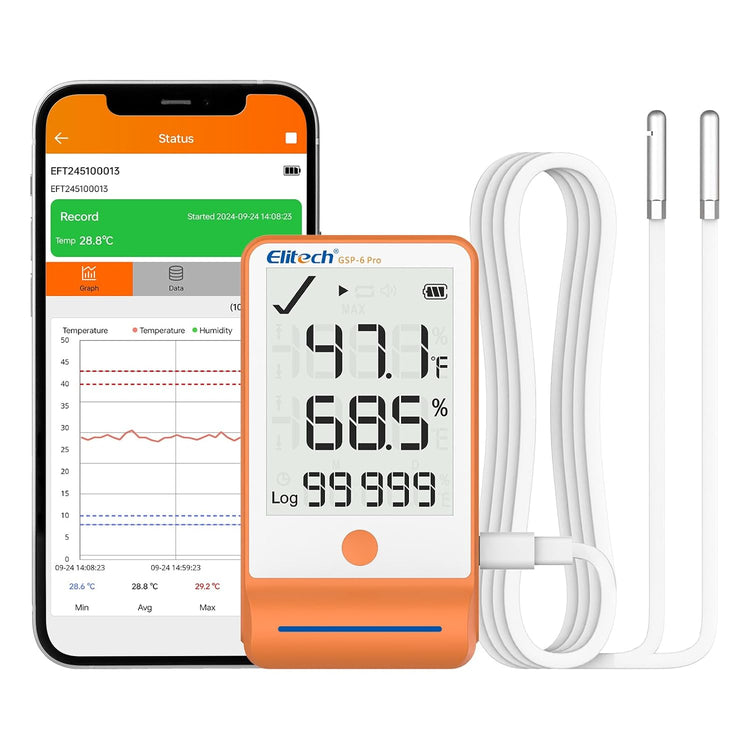Elitech GSP-6 Bluetooth Data Logger Temperature Humidity for Refrigerator with Shadow Data 100000 Points Export PDF/CSV Report, Pharmacy Vaccine DDL Certificate, MAX MIN with Dual Probe,GSP-6Pro-TE/THE