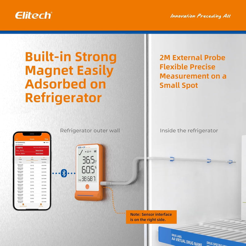 Elitech GSP-6 Bluetooth Data Logger Temperature Humidity for Refrigerator with Shadow Data 100000 Points Export PDF/CSV Report, Pharmacy Vaccine DDL Certificate, MAX MIN with Dual Probe,GSP-6Pro-TE/THE