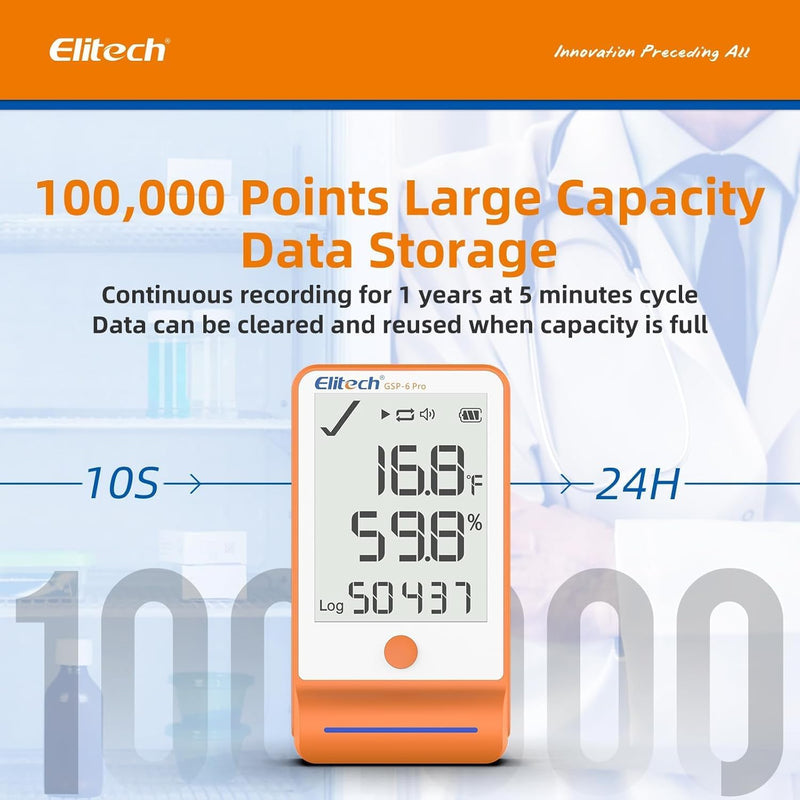 Elitech GSP-6 Bluetooth Data Logger Temperature Humidity for Refrigerator with Shadow Data 100000 Points Export PDF/CSV Report, Pharmacy Vaccine DDL Certificate, MAX MIN with Dual Probe,GSP-6Pro-TE/THE