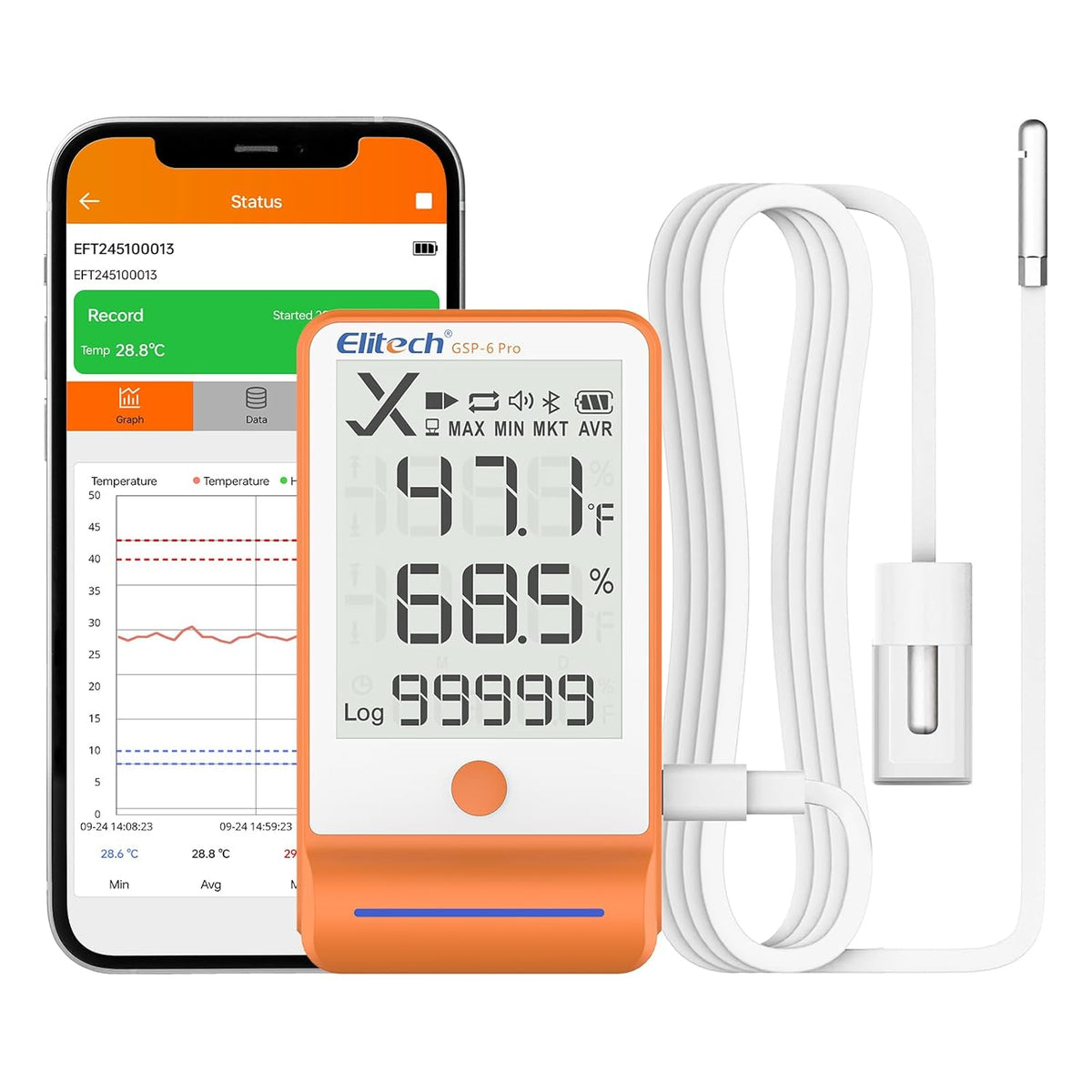Elitech Bluetooth Thermometer Data Logger Temperature with Shadow Data 100000 Points Data Storage Export, Pharmacy Vaccine DDL Calibration Certificate, MAX MIN AVR MKT GSP-6Pro-GLE/THE