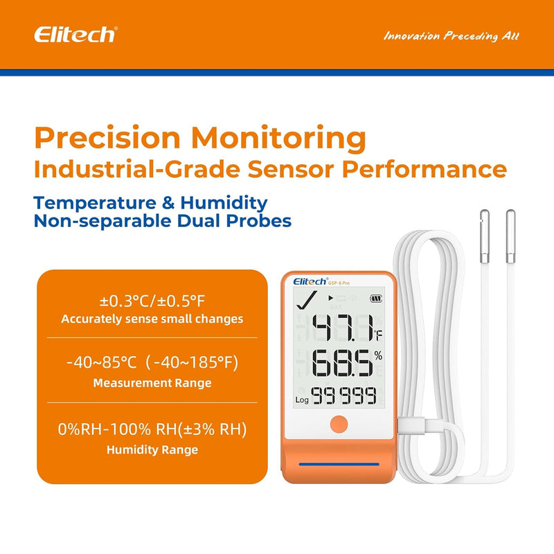 Elitech GSP-6 Bluetooth Data Logger Temperature Humidity for Refrigerator with Shadow Data 100000 Points Export PDF/CSV Report, Pharmacy Vaccine DDL Certificate, MAX MIN with Dual Probe,GSP-6Pro-TE/THE