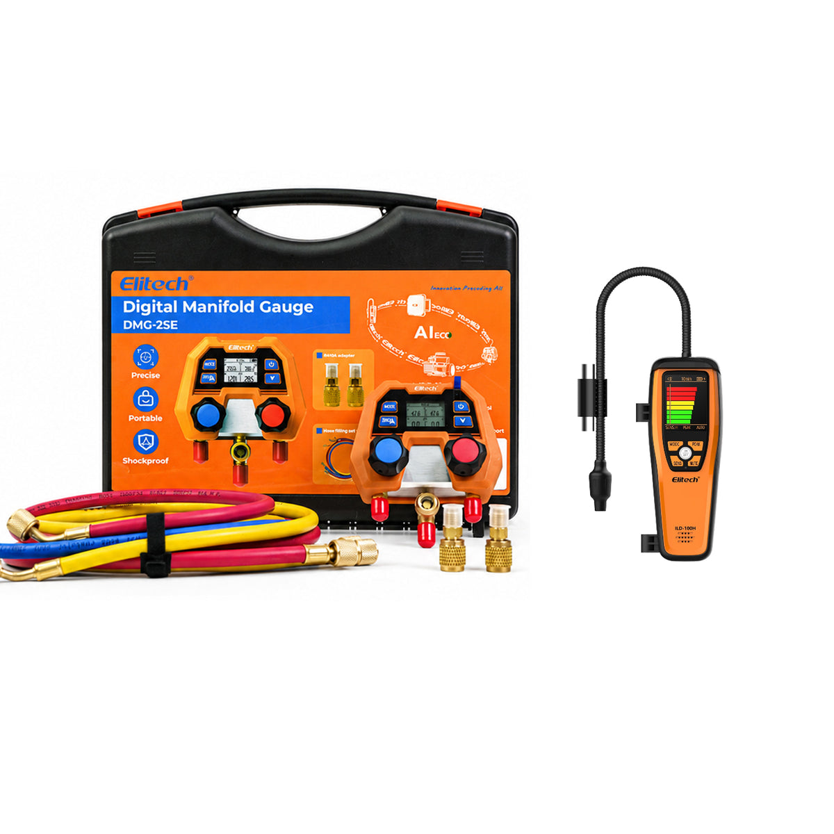 Elitech Digital Manifold Gauge for HVAC, Refrigeration & AC Systems – Pressure & Temperature Measurement, LCD Display, DMG-2SE