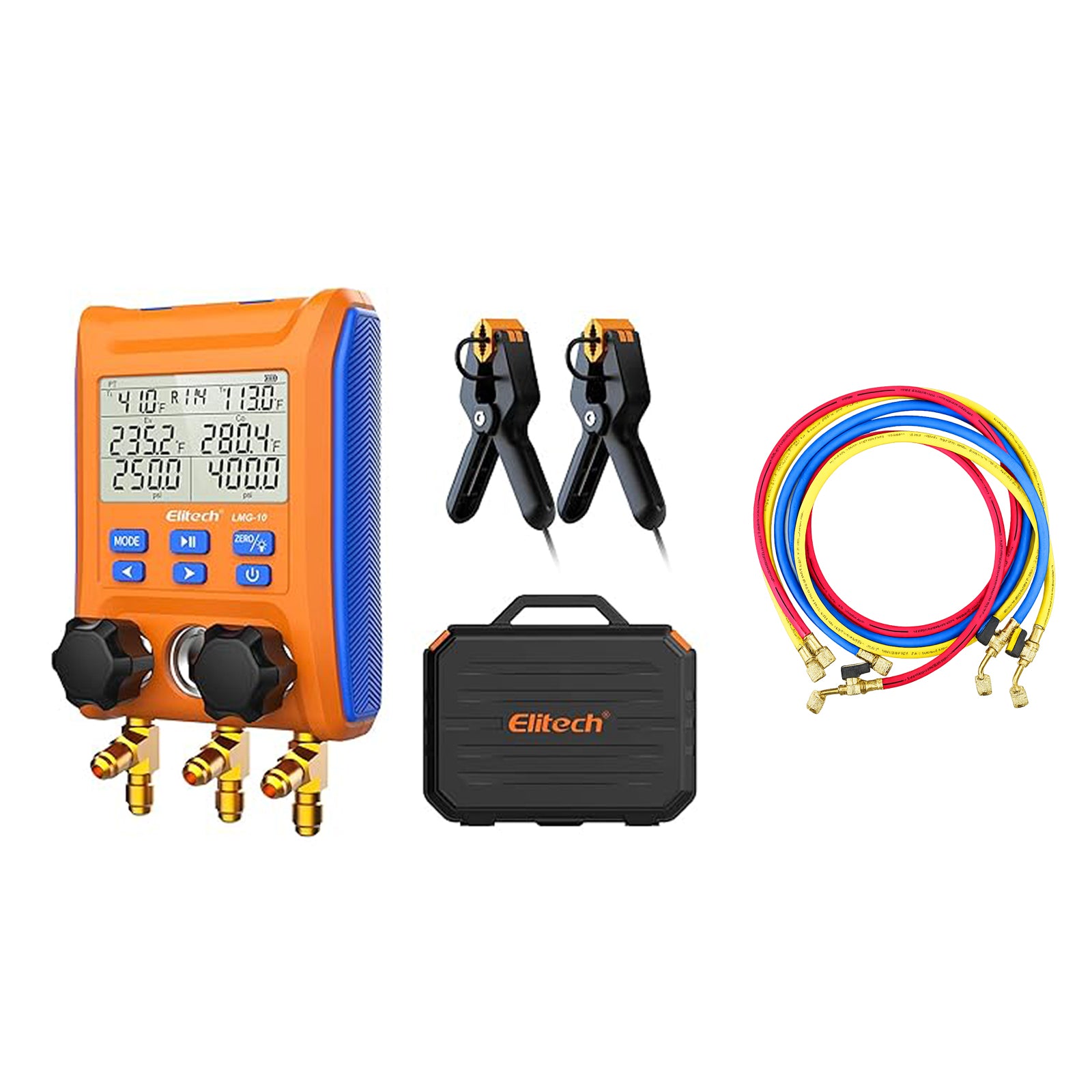 Elitech LMG-10 HVAC Digital Manifold Gauge 2 Valves with Thermometer Clamps