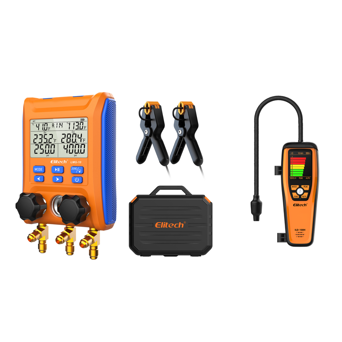 Elitech LMG-10 HVAC Digital Manifold Gauge 2 Valves with Thermometer Clamps