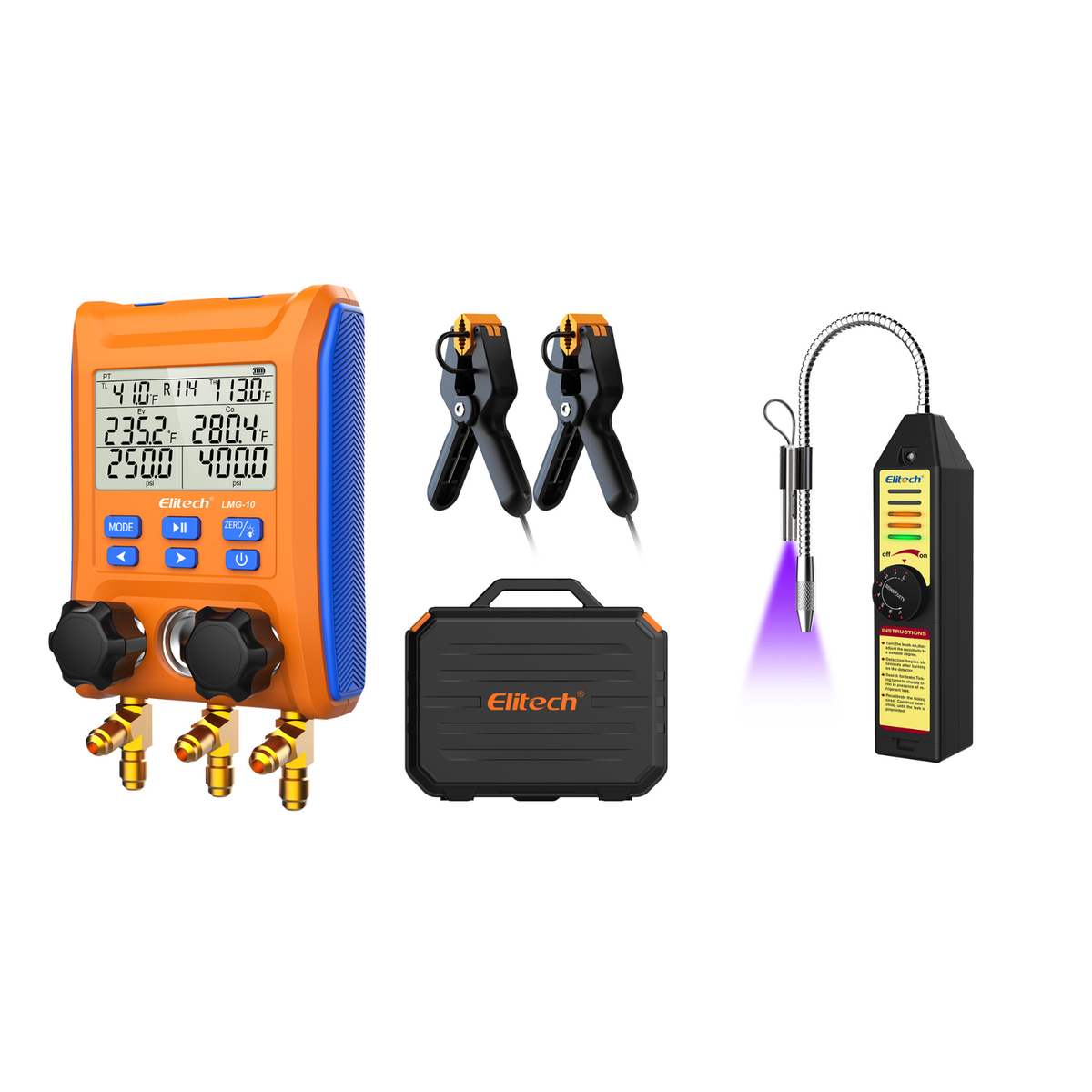 Elitech LMG-10 HVAC Digital Manifold Gauge 2 Valves with Thermometer Clamps