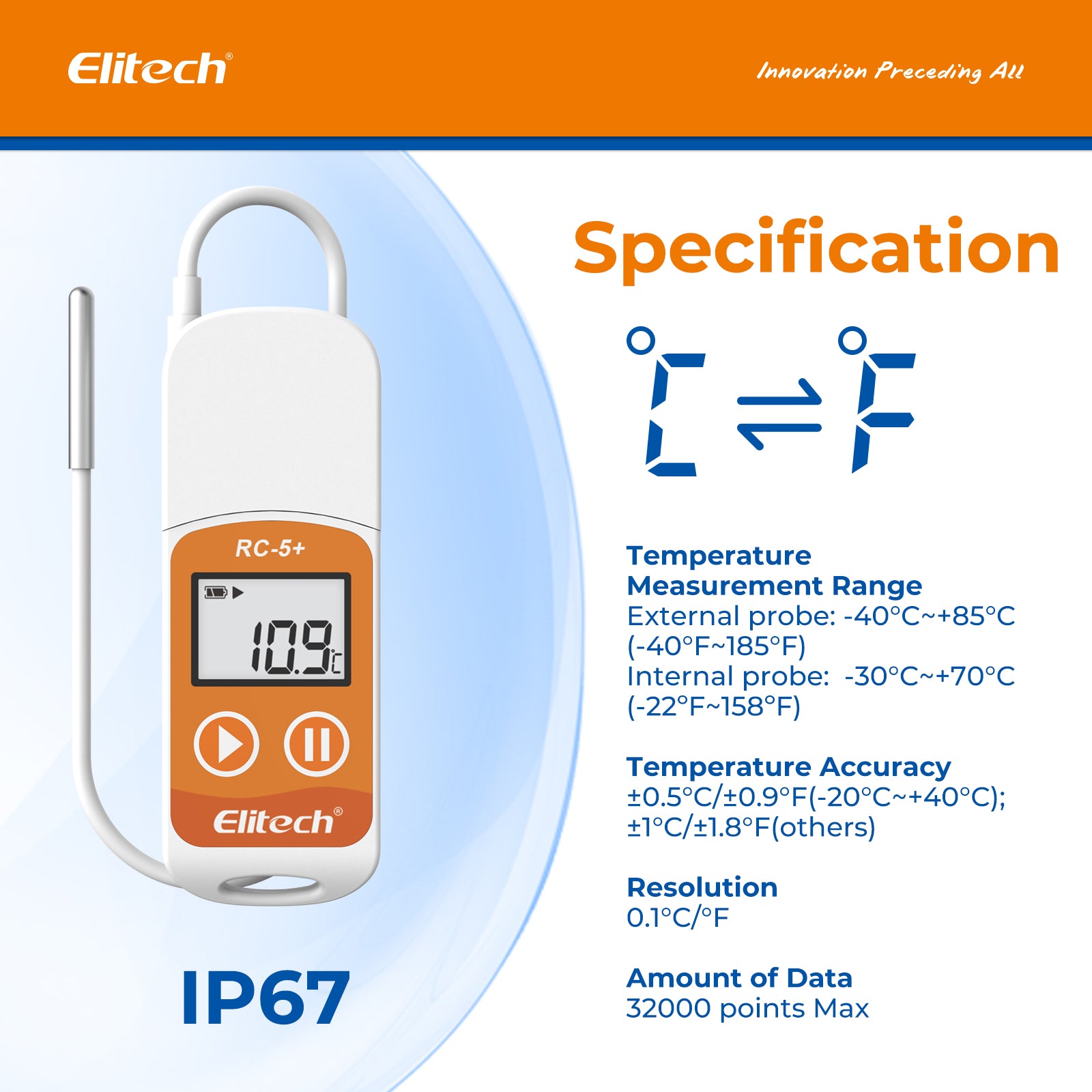 Elitech RC-5+ TE PDF USB Reusable Temperature Data Logger Internal Sensor External Probe -22℉~158℉