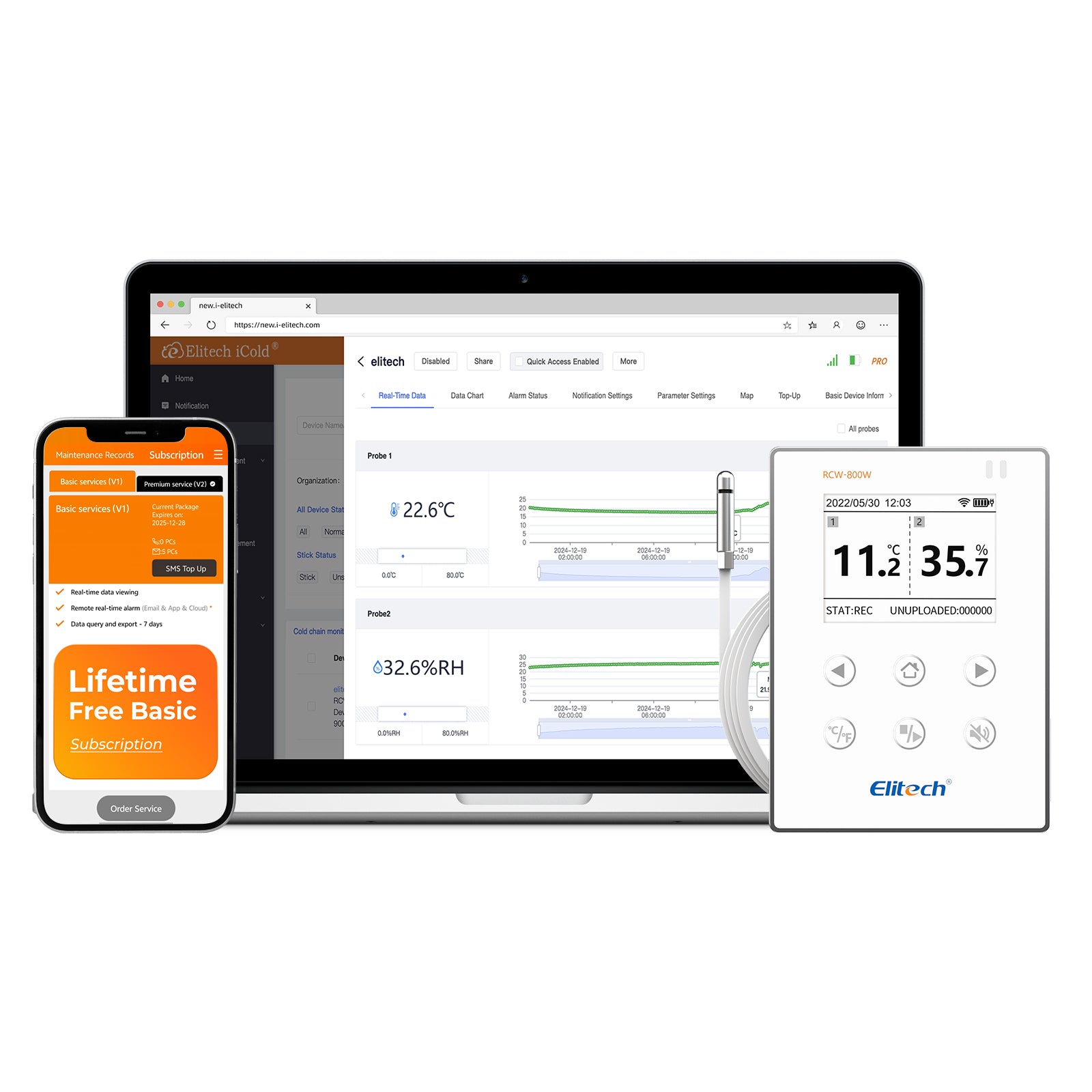 Elitech RCW-800WiFi Enregistreur de données de température et d'humidité en temps réel avec SMS Email APP Push Alert