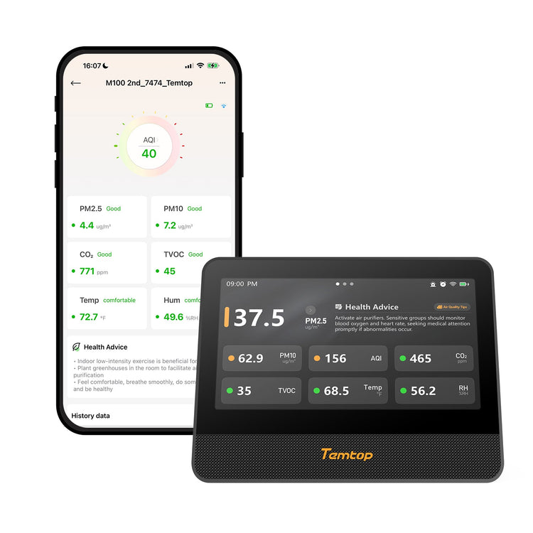 Temtop M100 2nd WiFi Air Quality Monitor – 7” Touch Screen Indoor CO2, PM2.5, PM10, TVOC, Temperature & Humidity Detector, Smart Multi-Room Air Analyzer with LoRa Expansion