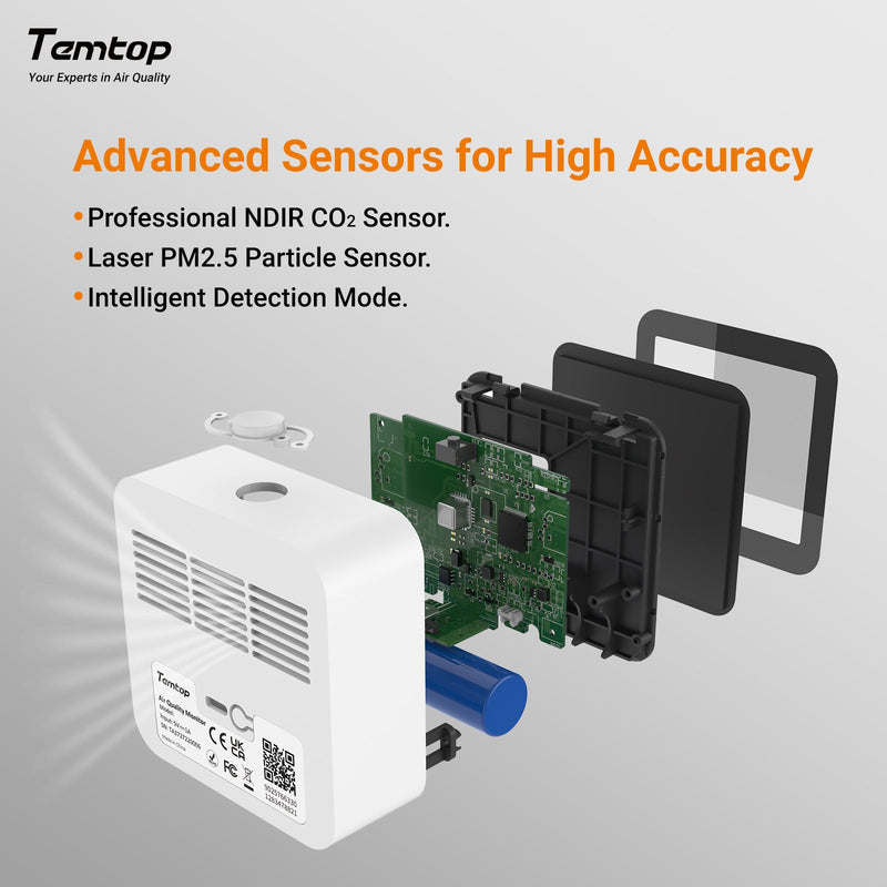 Temtop M10+ WIFI Air Quality Monitor, Rechargeable CO2 Detector with PM2.5 TVOC AQI Temperature and Humidity, 6-in-1 Indoor Pollution Meter with App Control, Data Export, E-ink Screen for Home Office