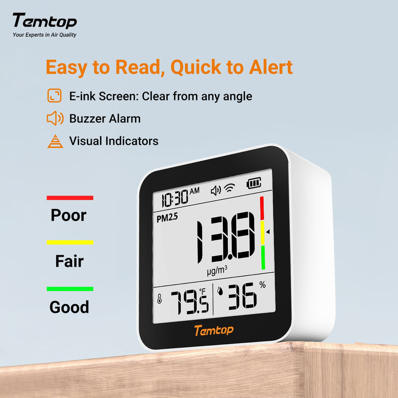 Temtop M10+ WIFI Air Quality Monitor, Rechargeable CO2 Detector with PM2.5 TVOC AQI Temperature and Humidity, 6-in-1 Indoor Pollution Meter with App Control, Data Export, E-ink Screen for Home Office