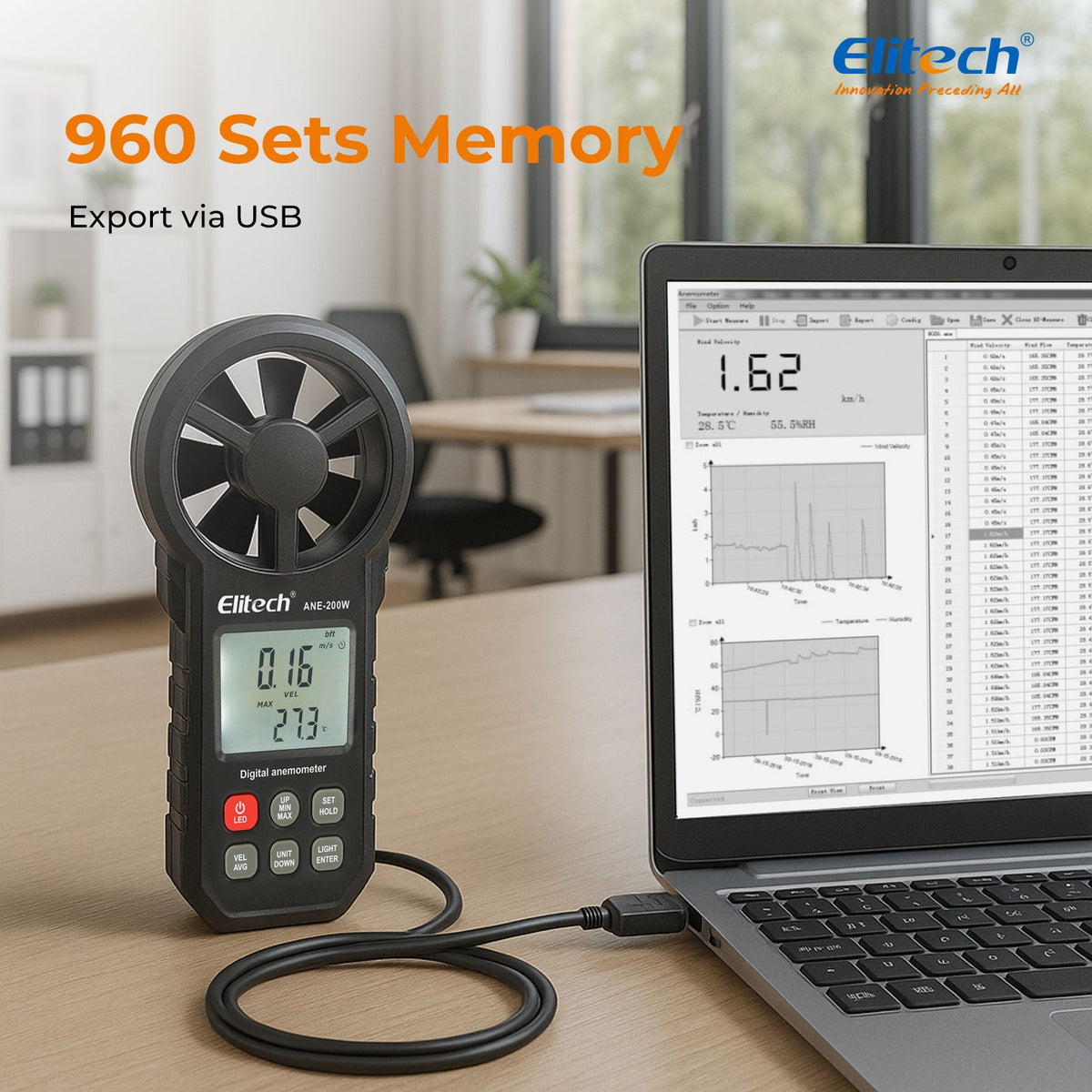 Elitech ANE - 200W Bluetooth Anemometer, Digital Wind Speed Meter with Temperature and USB Data Export, CFM/CMM Air Flow Measurement, for HVAC and Environmental Testing - Elitech Technology, Inc.