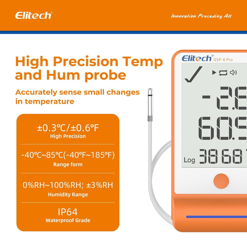 Elitech Bluetooth Hygrometer Thermometer Data Logger Temperature Humidity with Shadow Data 100000 Points Data Storage Export, Pharmacy Vaccine DDL Calibration Certificate, MAX MIN AVR MKT GSP - 6Pro - Elitech Technology, Inc.