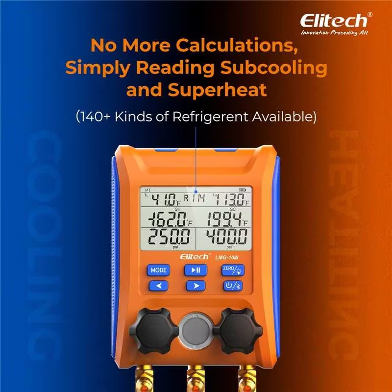 Elitech Digital Manifold Gauge 2-way Valve AC Gauges App Control with Thermometer Clamps for HVAC Systems, LMG-10W - Elitech Technology, Inc.